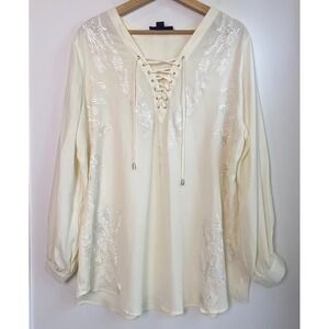 Roaman's Embroidered Lace Up Blouse Womens 18W Ivory Boho Peasant Tunic